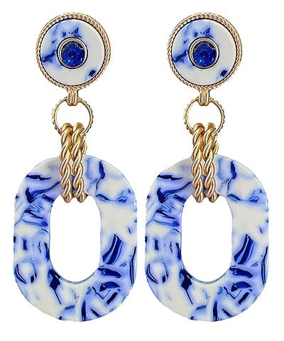 Oval Double Chain Earrings-Blue